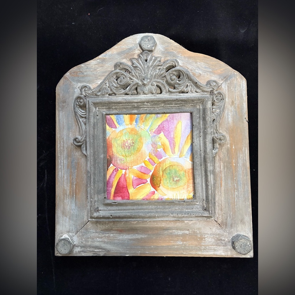 Sunflowers ”An Original Watercolor Painting Framed In Hand Carved Wood 12”x10